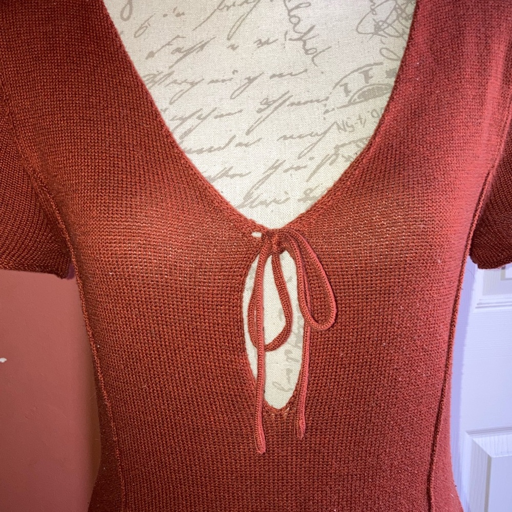 Knit Rust Orange Short Sleeve Keyhole Skater Style Autumn Fall Dress Large - Picture 5 of 7